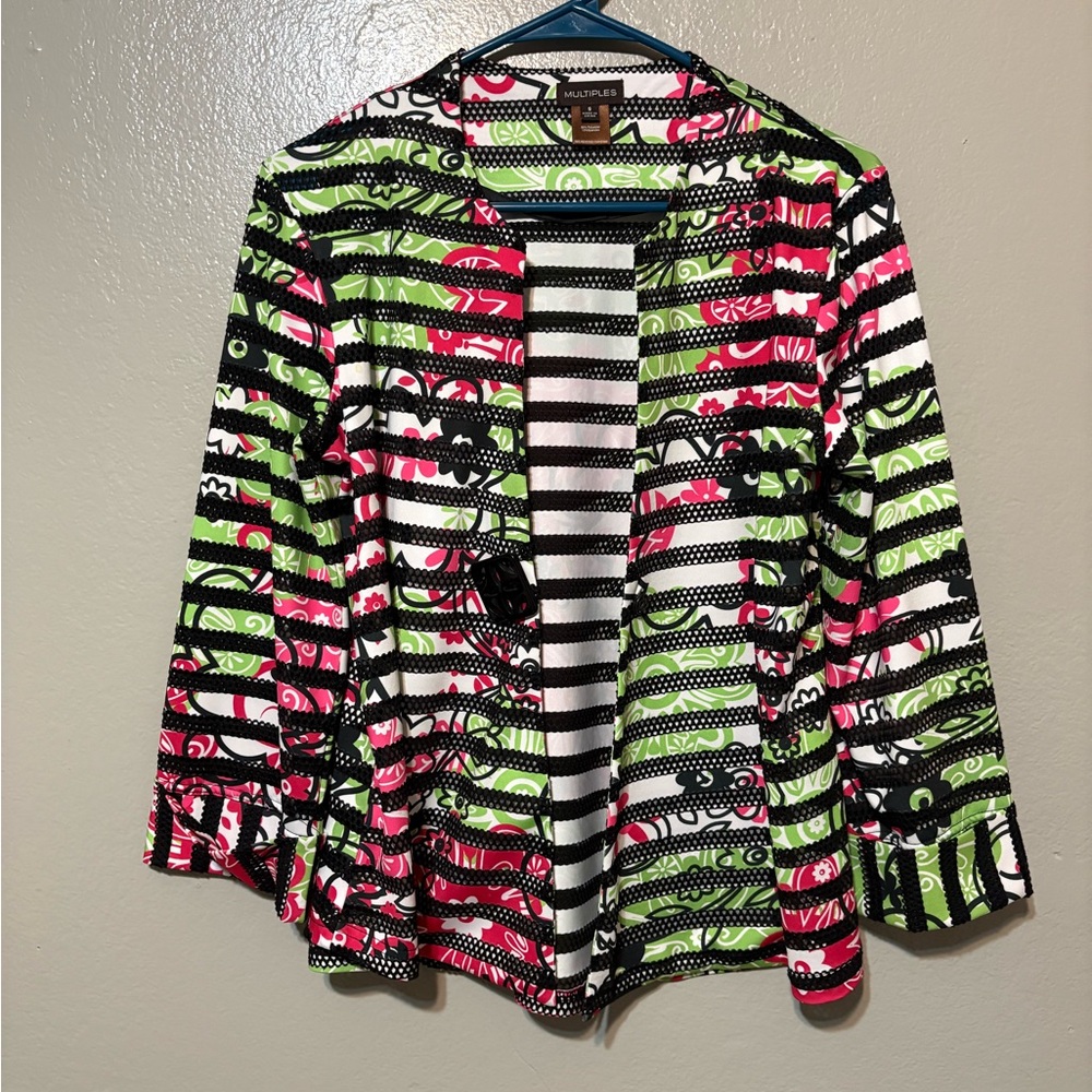 Multiples Open-Front Striped Floral Jacket in Pink, Green, White &Black Size S